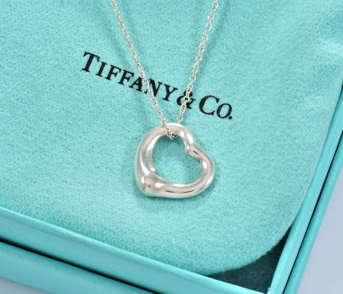 Tiffany & Co Silver Elsa Peretti 16mm Open Heart 16.25" Chain Necklace in Pouch