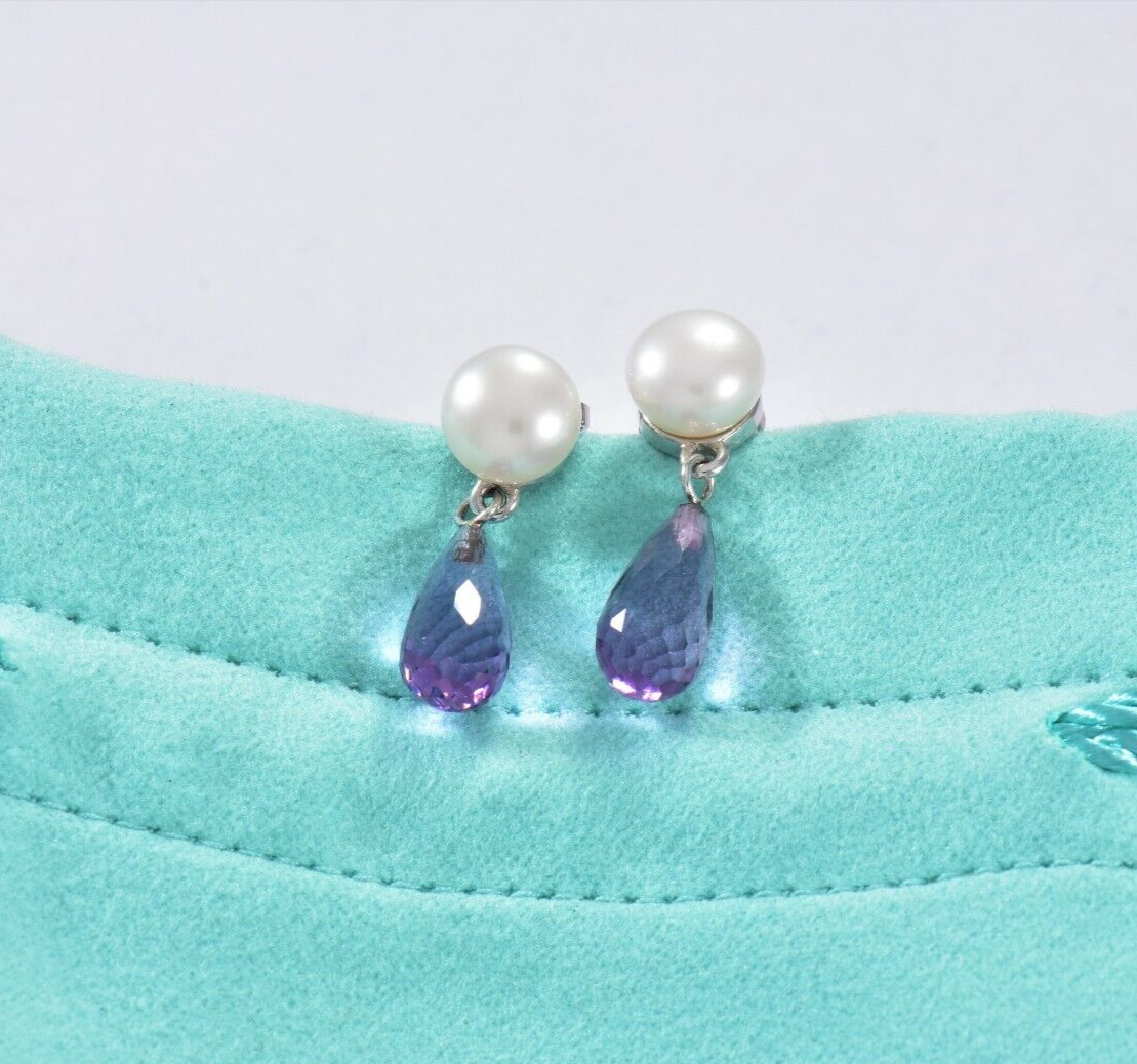 Tiffany & Co Amethyst 18K White Gold Pearl Drop Earrings Box Pouch Rare Dangling