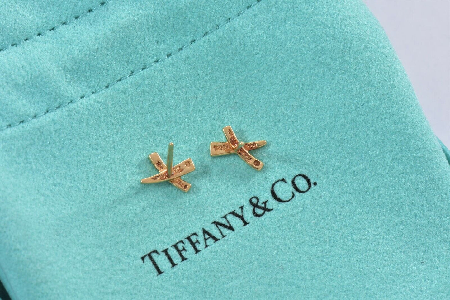 Tiffany & Co 18k Yellow Gold "X" Signature Stud 9mm Small Earrings and Box Pouch