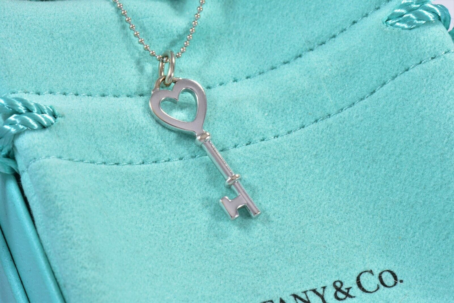 Tiffany & Co Diamond 18K White Gold Heart Key Pendant Bead Chain Necklace in Box