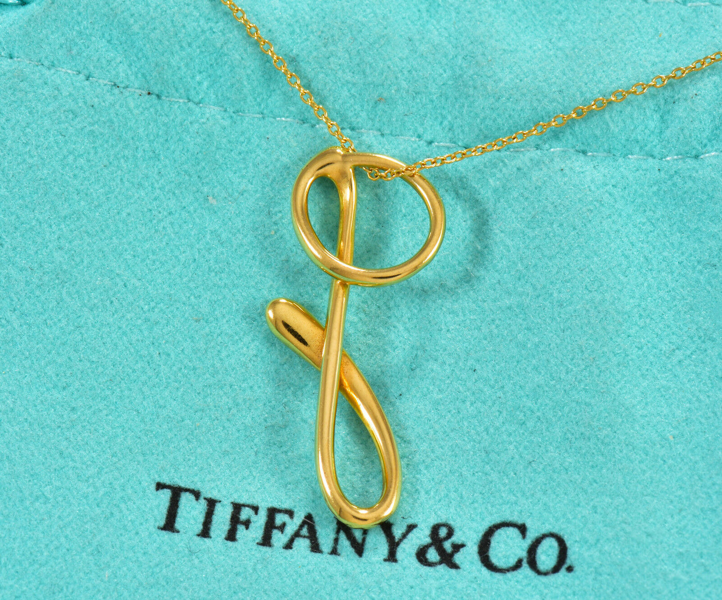 Tiffany & Co 18K Yellow Gold Elsa Peretti Letter G Pendant 16" Necklace in Box