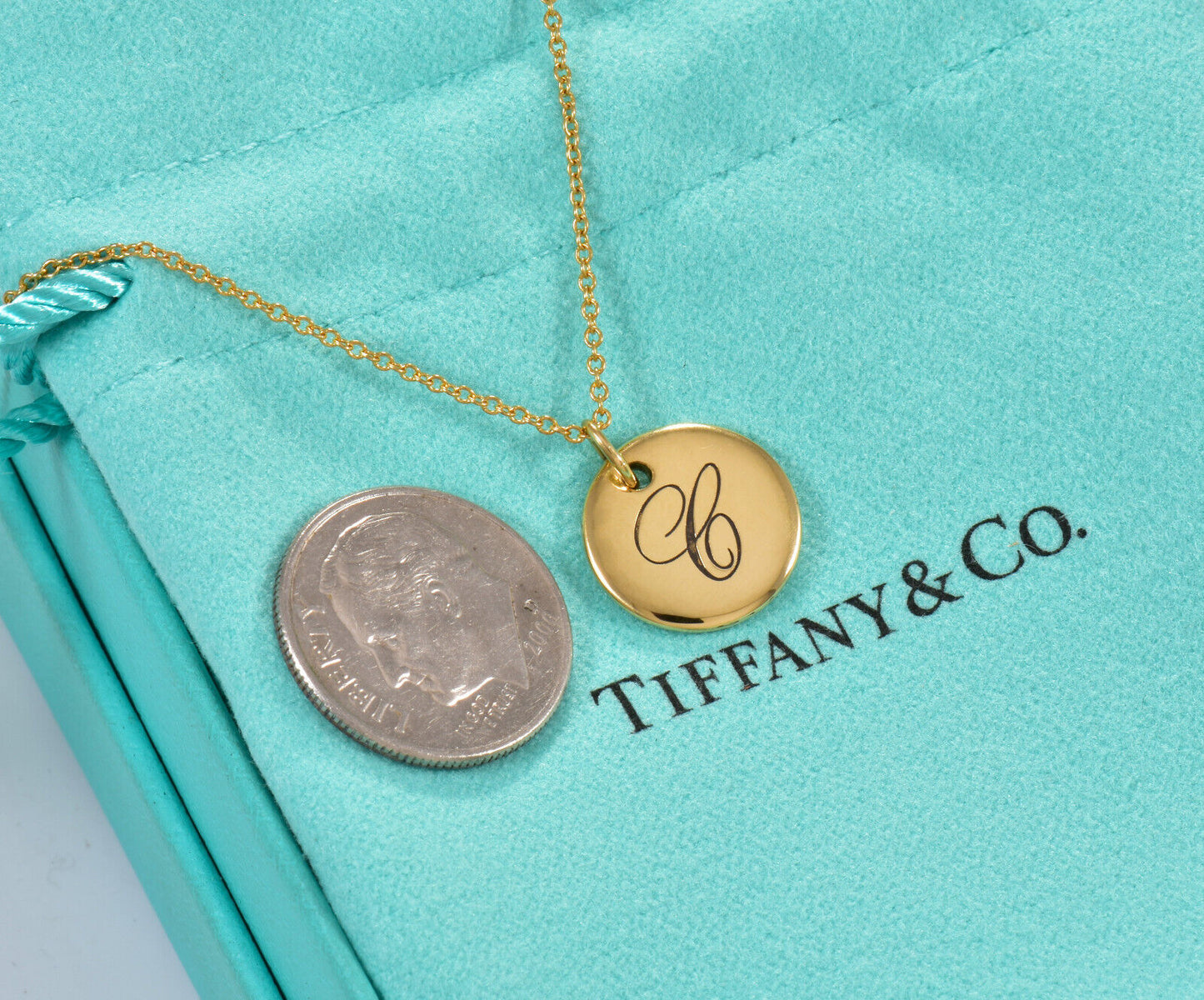 Tiffany & Co 18K Yellow Gold Circle Notes Letter C Disc Pendant 18" Necklace Box