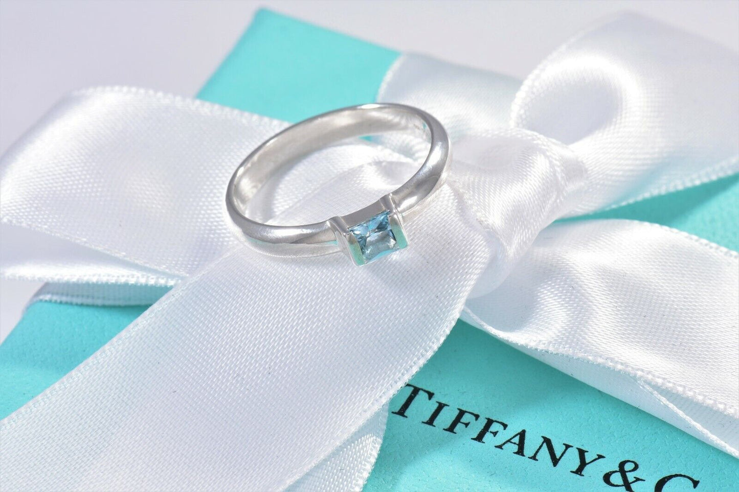 Tiffany & Co Sterling Silver Aquamarine Square Stack Band Ring Size 7.5 in Box