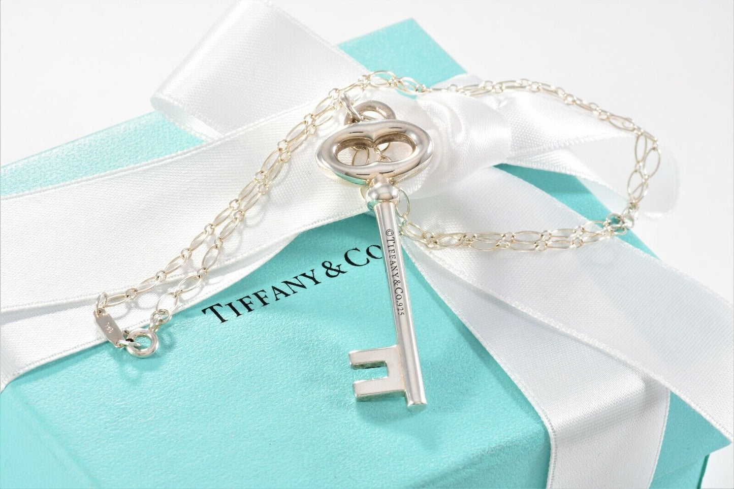 Tiffany & Co Silver Large 2" Oval Key Charm Pendant 18.5" Chain Necklace Pouch