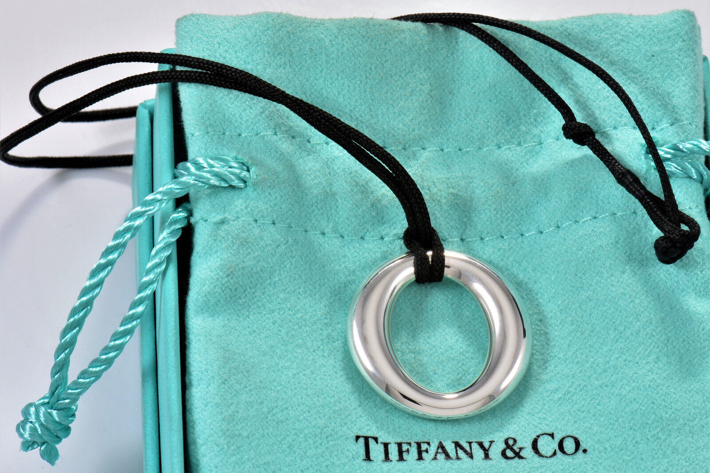 Tiffany & Co Silver Elsa Peretti Sevillana O Pendant Black Silk Necklace & Pouch