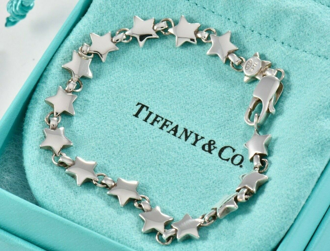 Vintage Tiffany & Co Sterling Silver Star Chain Link Bracelet with Pouch Rare