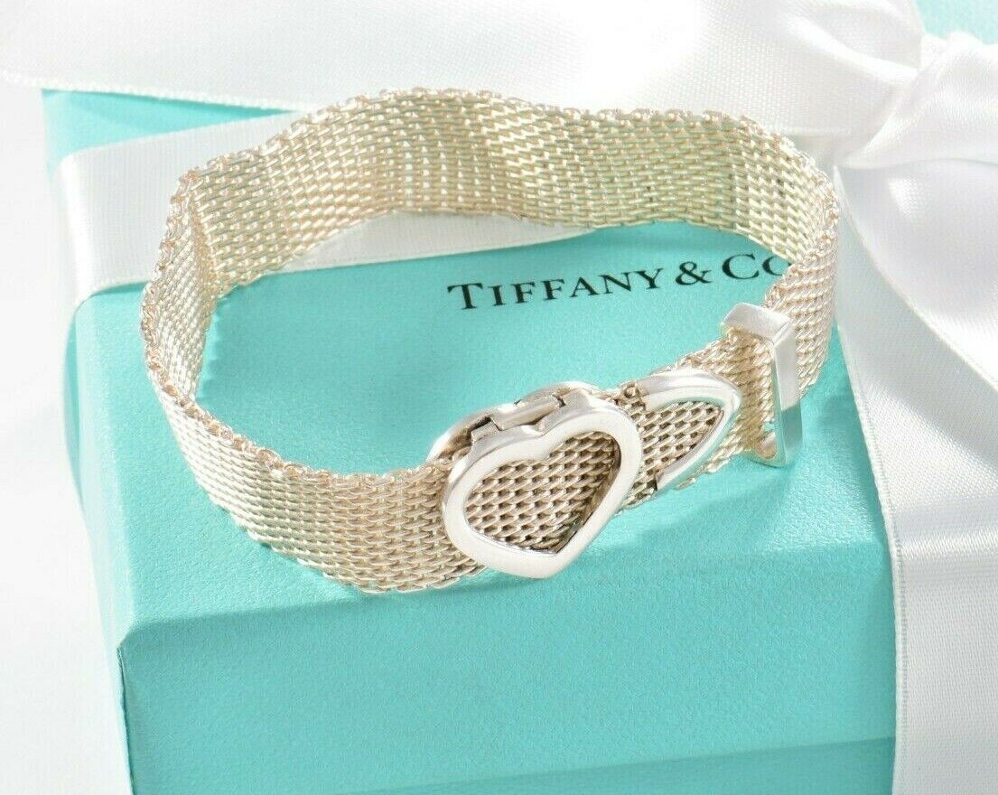 Tiffany & Co Silver Somerset Heart Mesh Belt Buckle 8.5" Bracelet & Pouch Rare