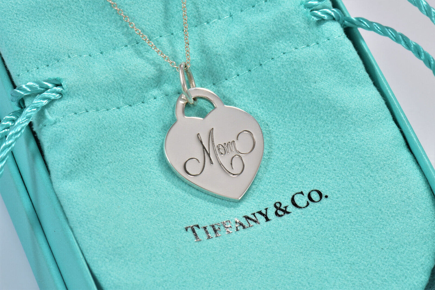 Tiffany & Co Silver Mom Heart Tag Pendant 20" Necklace in Box Pouch Lovely Gift