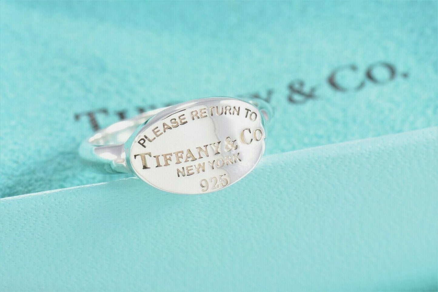 Please Return To Tiffany & Co Silver Oval Signet Band Size 6.5 Ring & Pouch Rare