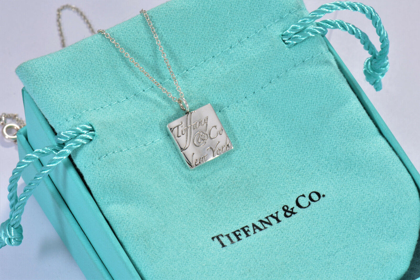 Tiffany & Co Sterling Silver NY Notes Square Wavy Pendant Necklace in Pouch Rare