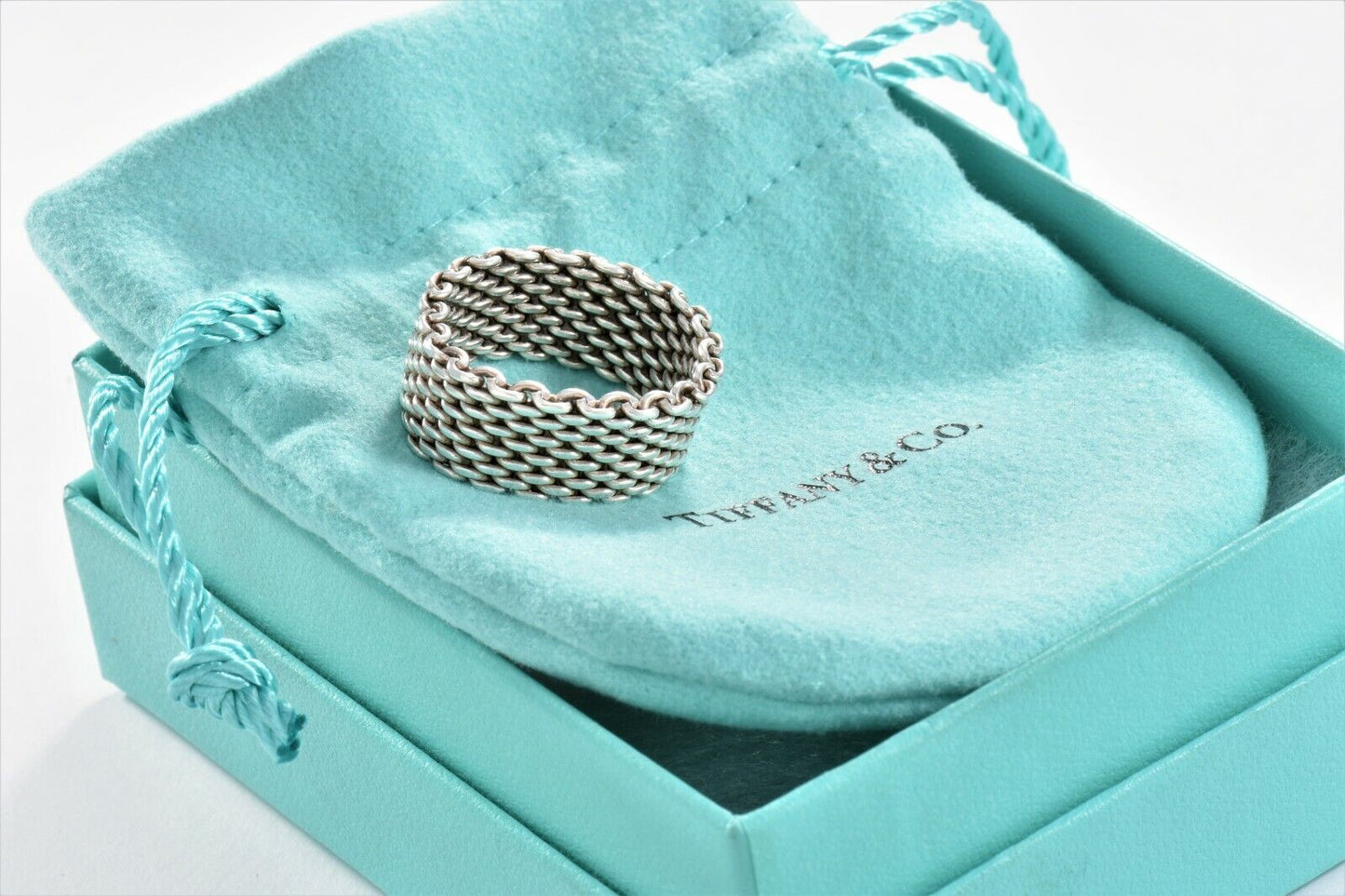 Tiffany & Co Somerset Sterling Silver Mesh Love Ring Sz 6.5 in Box Pouch Lovely