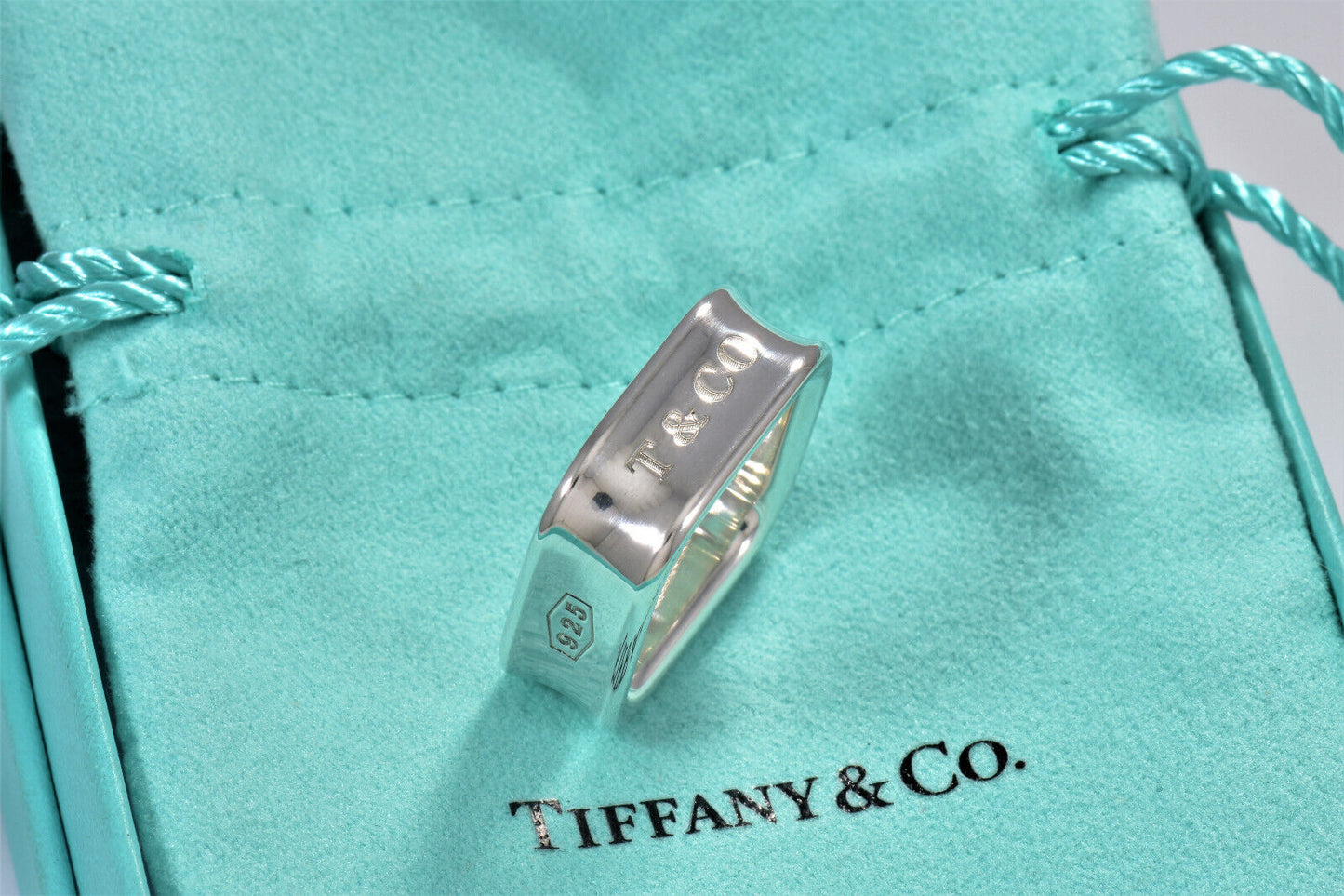 Tiffany & Co 1837 Sterling Silver Square Wide Band Ring Size 7 in Pouch Rare