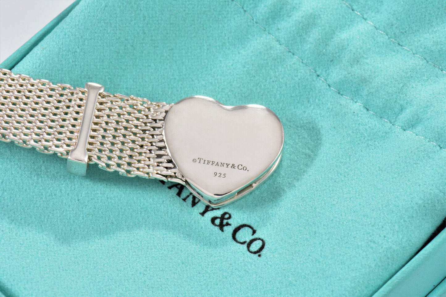 Tiffany & Co Silver Somerset Heart Mesh Belt Buckle 9" Bracelet in Pouch Rare