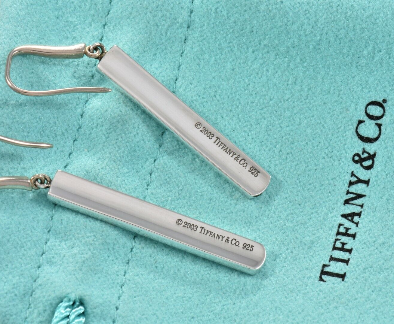 Tiffany & Co Sterling Silver 1837 Bar Dangling Hook Earrings & Pouch Dangle Rare