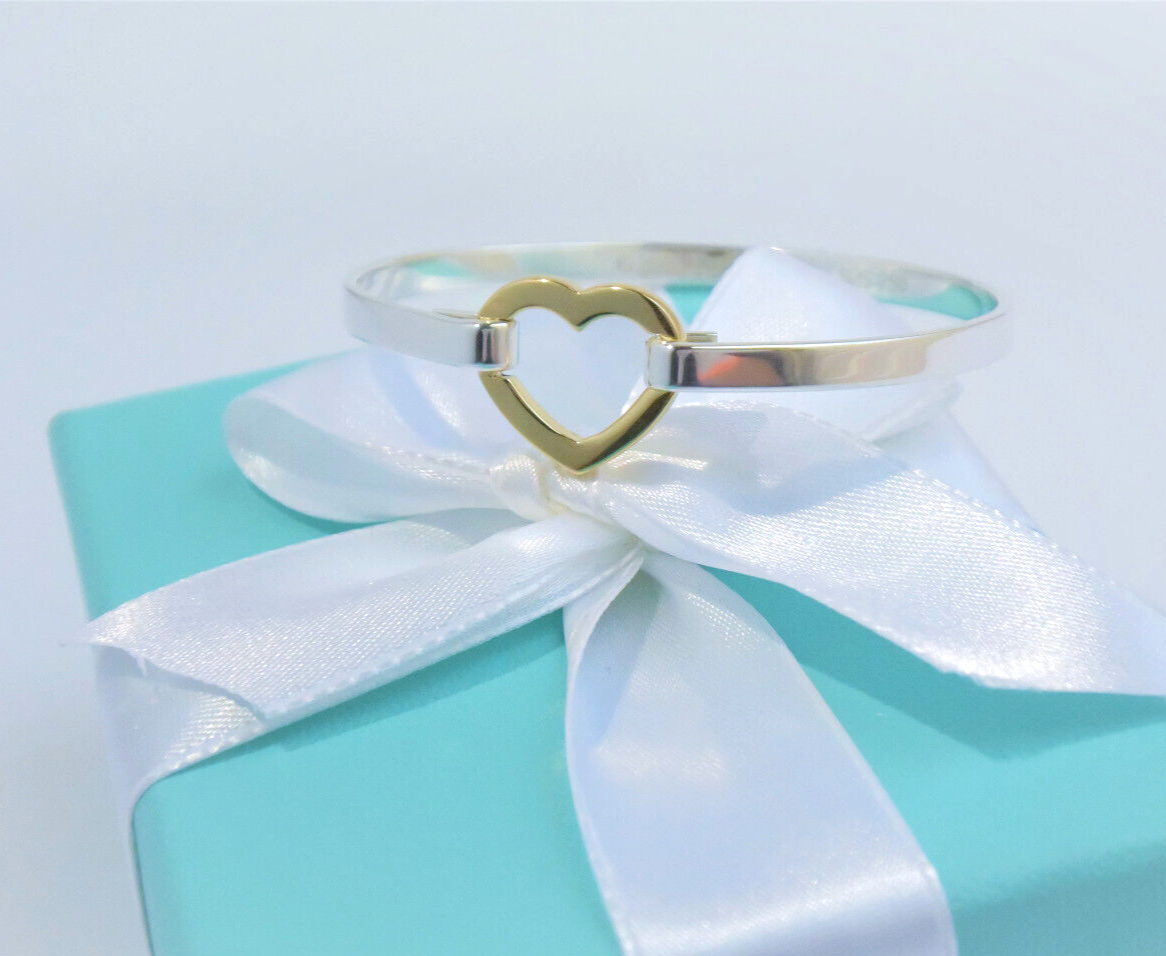 Tiffany & Co 18K Yellow Gold Silver Open Heart Hook 6.55" Bracelet in Pouch Rare