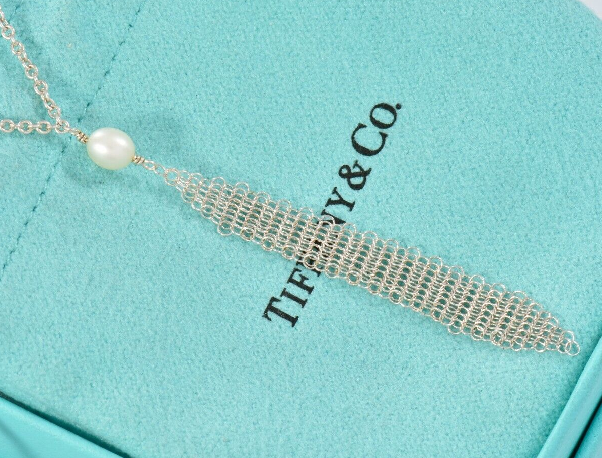 Tiffany & Co Silver Elsa Peretti Somerset Mesh Pearl Dangle Pendant Necklace Box