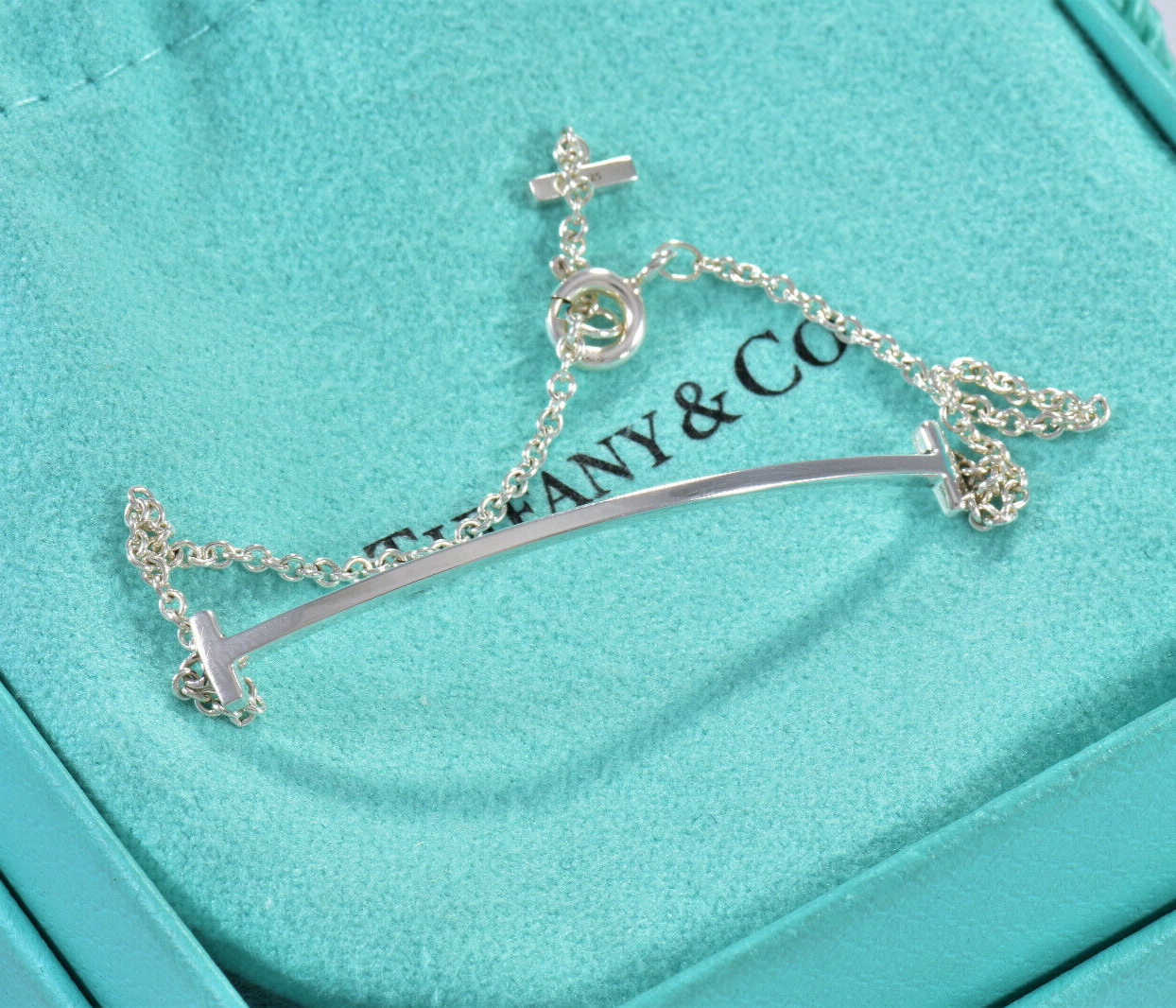 Tiffany & Co Sterling Silver T Smile Square Chain Bracelet in Box Pouch Rare