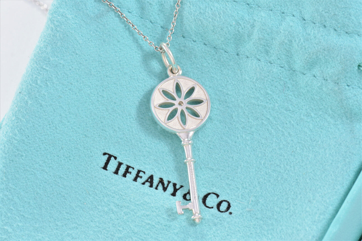 Tiffany & Co Silver Diamond Daisy Flower 1.5" Key Pendant 18" Necklace in Box