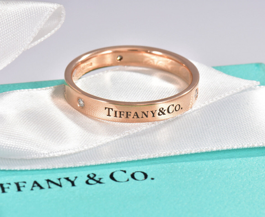 Tiffany & Co Rose Gold Three Diamond 4mm Band Ring Size 12.5 in Box Pouch Lovely