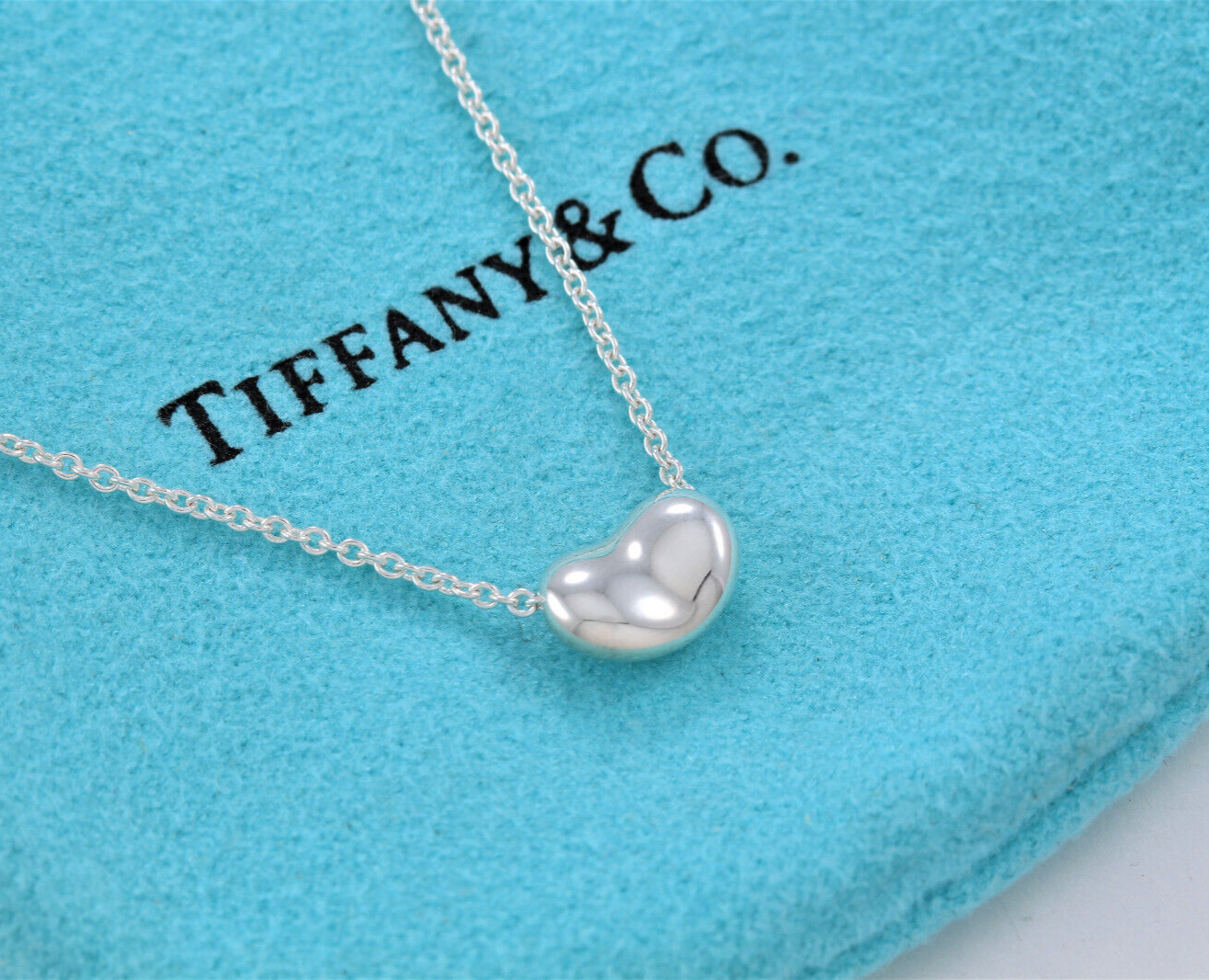 Boxed Tiffany & Co Silver Elsa Peretti 9mm Bean Pendant 17.5" Necklace Box Pouch