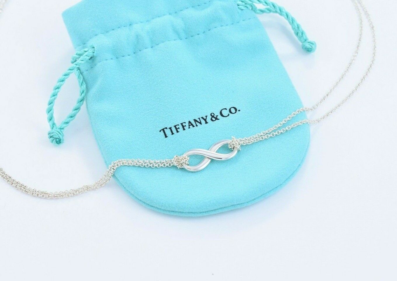 Tiffany & Co Sterling Silver Infinity Pendant 16" Double Chain Necklace in Pouch