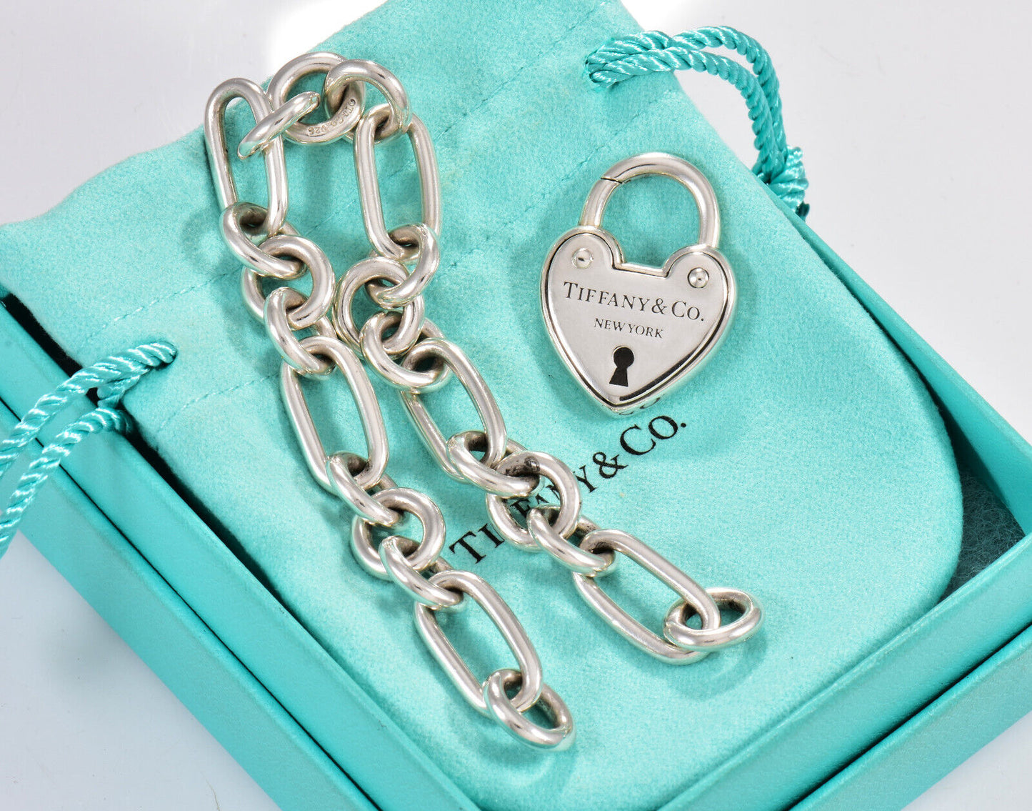 8" Tiffany & Co NY Silver Heart Lock Charm Heavy Oval Chain Link Bracelet in Box