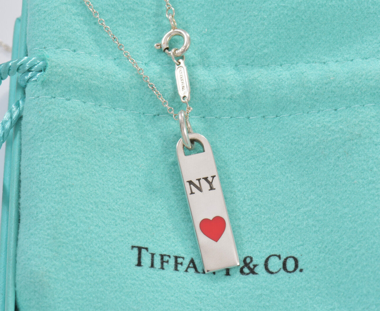 Tiffany & Co Silver Red Enamel NY Heart Bar Pendant 18" Necklace in Pouch Rare