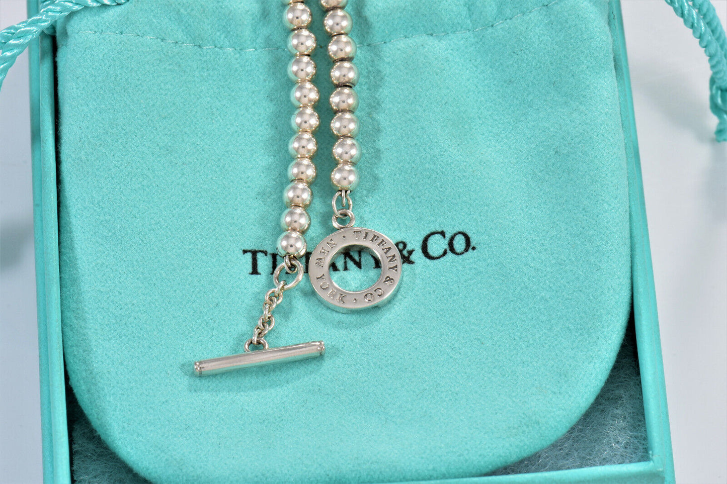 Tiffany & Co Silver NY Toggle Pendant 16.5" Beaded Necklace in Box Rare Lovely