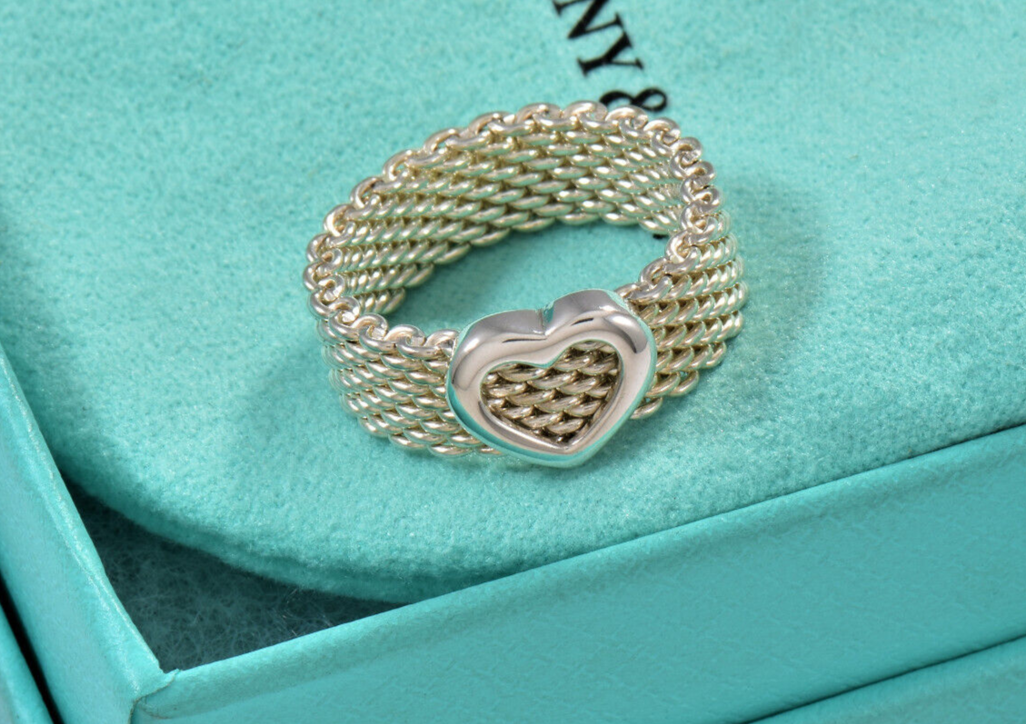 Tiffany & Co Sterling Silver Heart Mesh Love Ring Size 6.5 in Pouch Rare Lovely