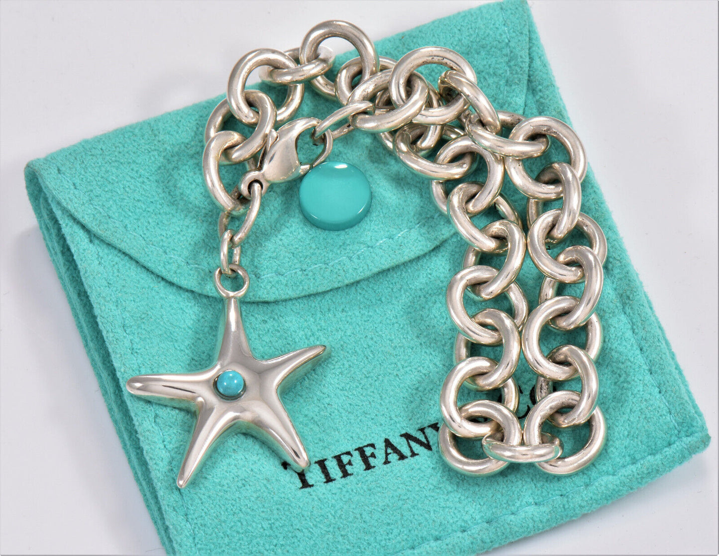 Tiffany & Co Sterling Silver Turquoise Starfish Charm 8" Chain Bracelet Pouch XL