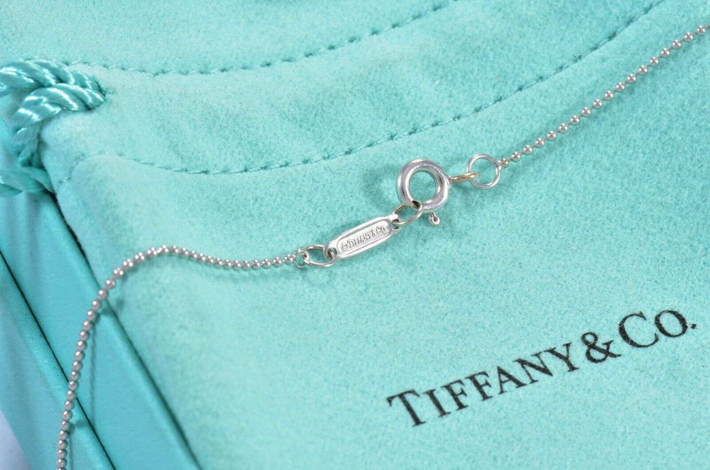 Tiffany & Co Diamond 18K White Gold Heart Key Pendant Bead Chain Necklace in Box