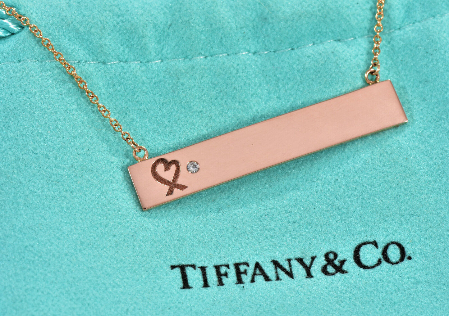 Tiffany & Co Diamond 18K Rose Gold Loving Heart Bar Pendant 18" Chain Necklace