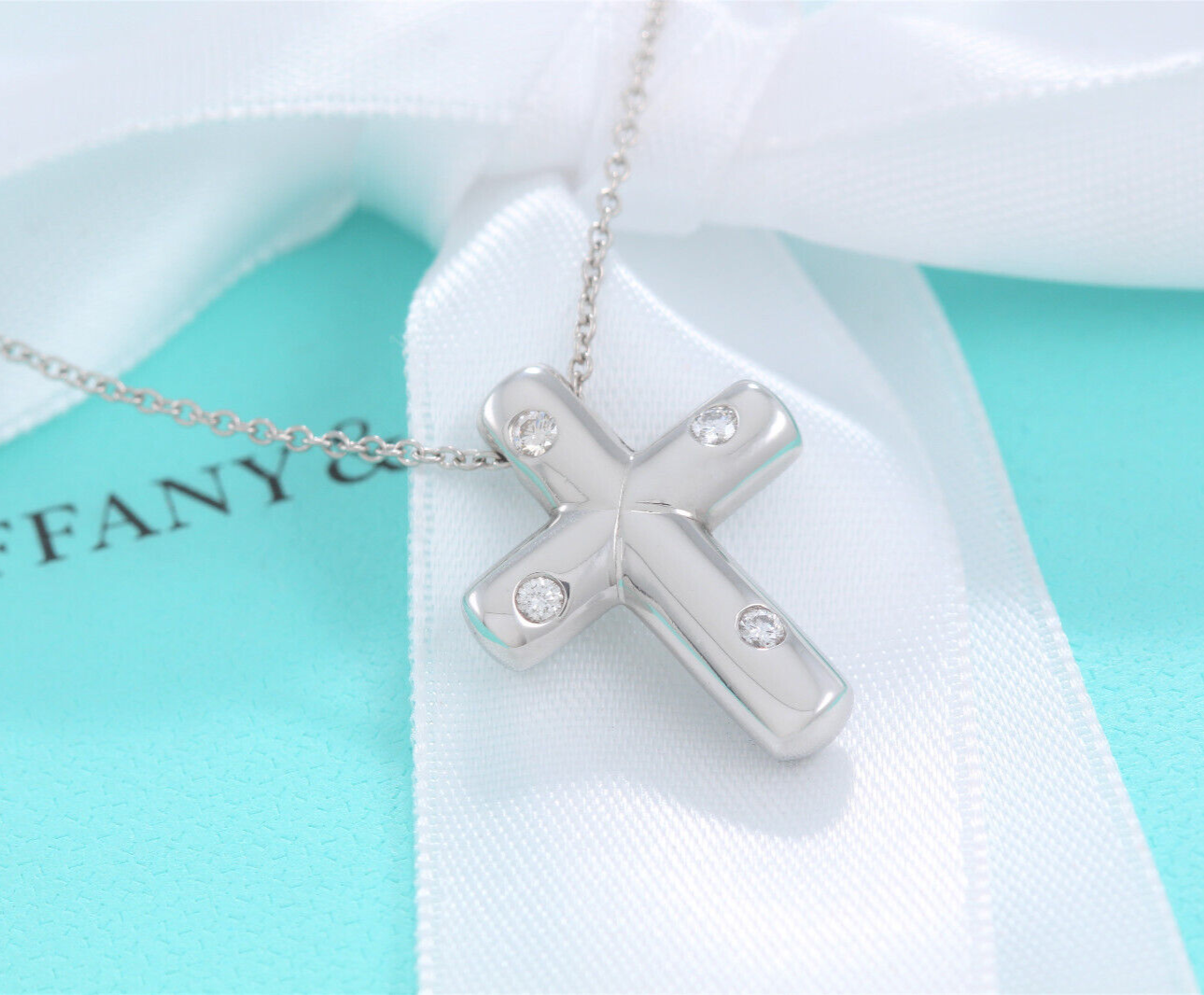 Tiffany & Co Diamond Platinum Etoile Cross Pendant 16.75" Necklace in Box Pouch