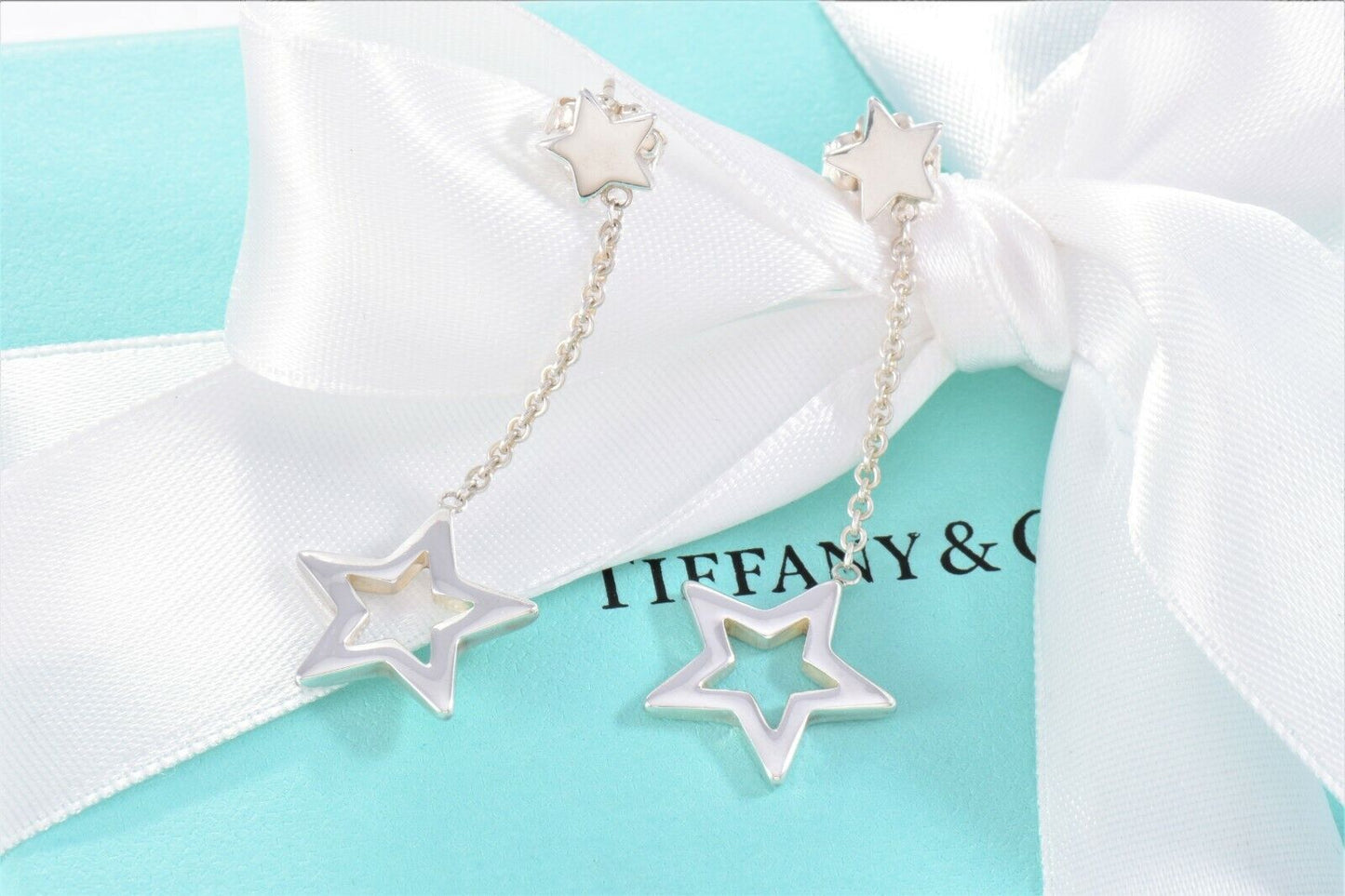 Tiffany & Co Sterling Silver Star Lariat Dangling Earrings in Box Pouch Rare