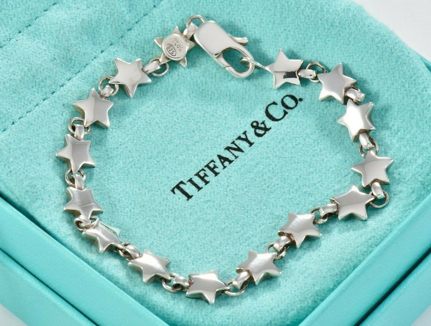 Vintage Tiffany & Co Sterling Silver Star Chain Link Bracelet with Pouch Rare