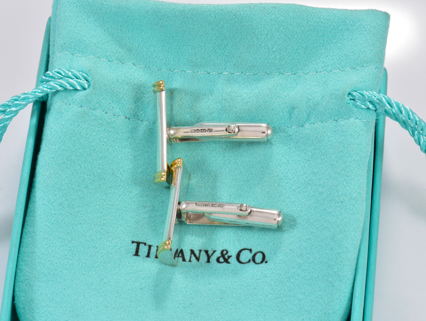 Tiffany & Co 18k Gold Silver Bar Coil Cufflinks in Pouch Mens Suit Pilot Rare