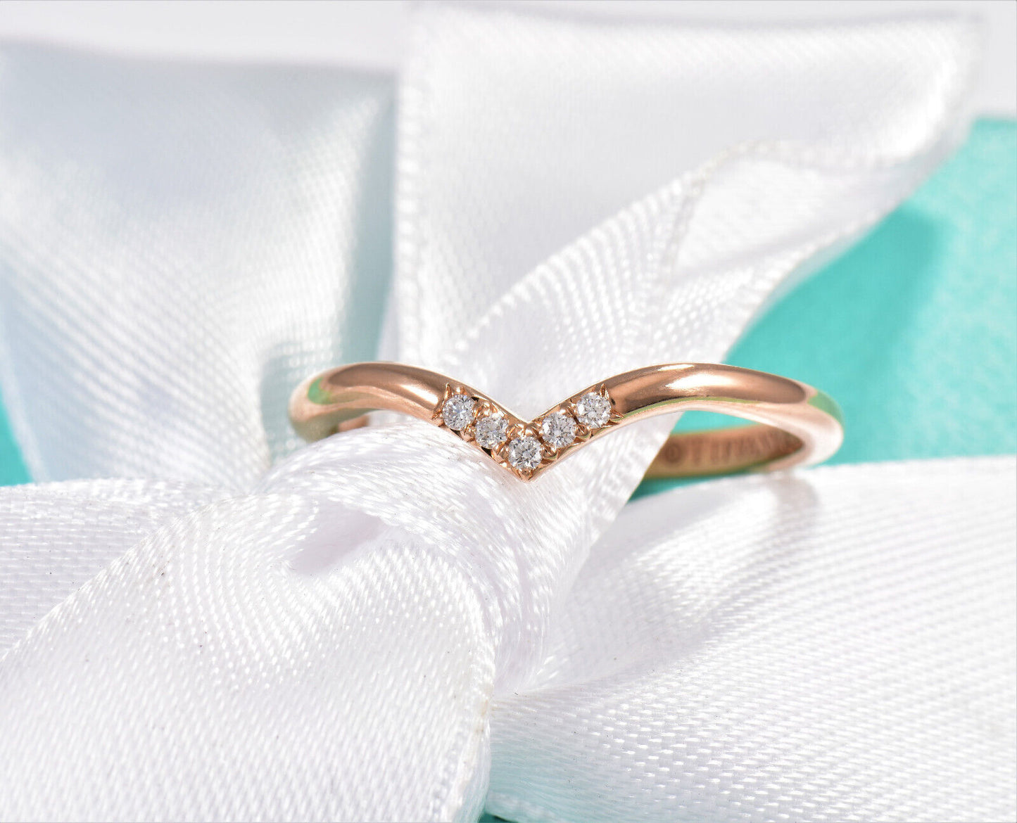 Tiffany & Co Diamond Rose Gold Soleste V Ring Size 7.5 in Box Pouch Lovely