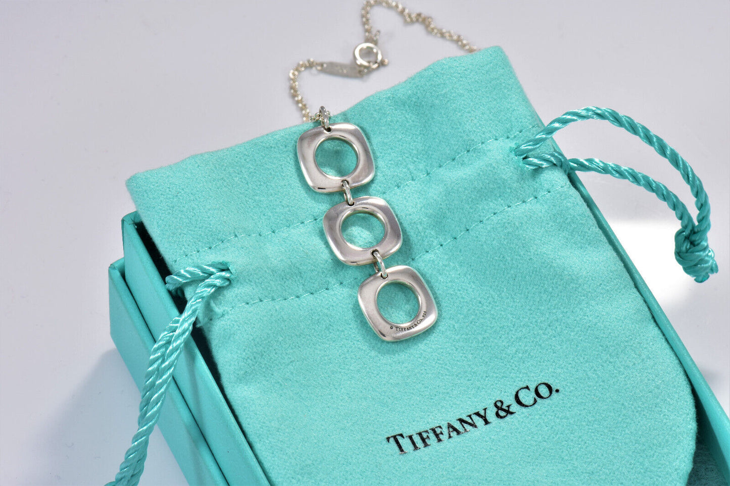 Tiffany & Co Silver Three Cushion Square Dangle Pendant Drop Necklace in Pouch