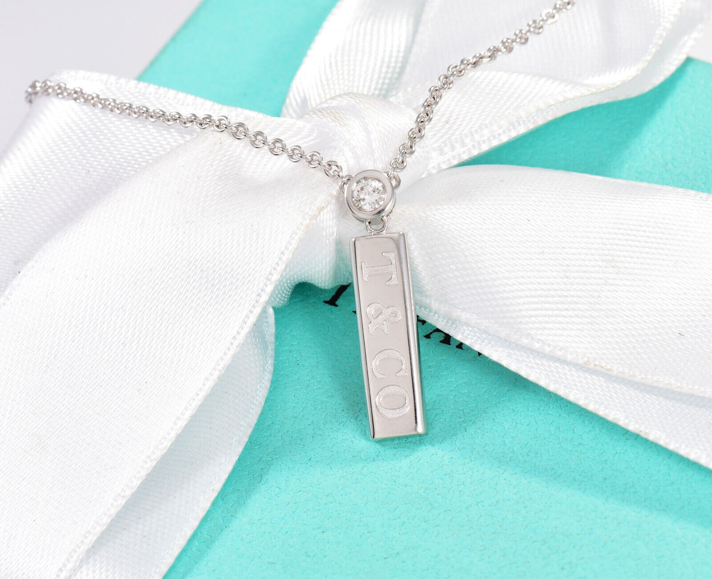 Tiffany & Co Diamond 18K White Gold Logo Bar Pendant 16.25" Necklace & Box Pouch