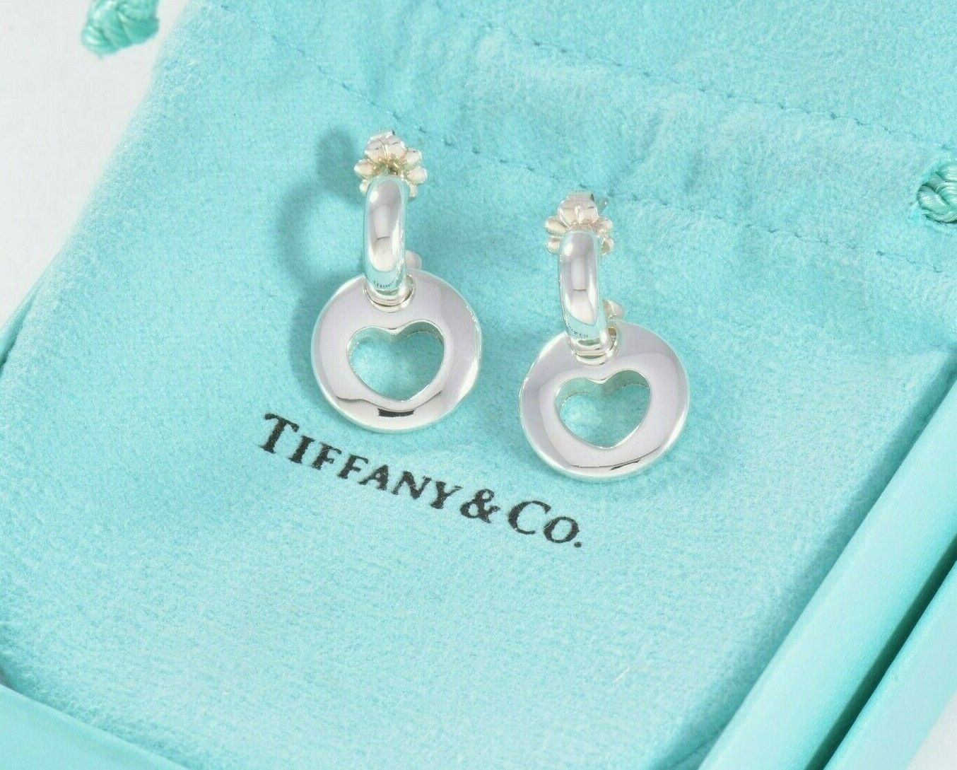 Tiffany & Co Silver Open Heart Cutout Hoop Dangle Stencil Love Earrings 2 in 1