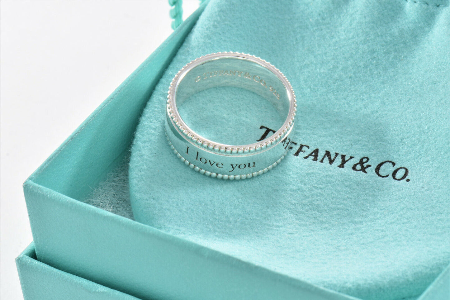 Tiffany & Co Sterling Silver I Love You Bead Edge Ring Size 5 in Box Pouch Yours