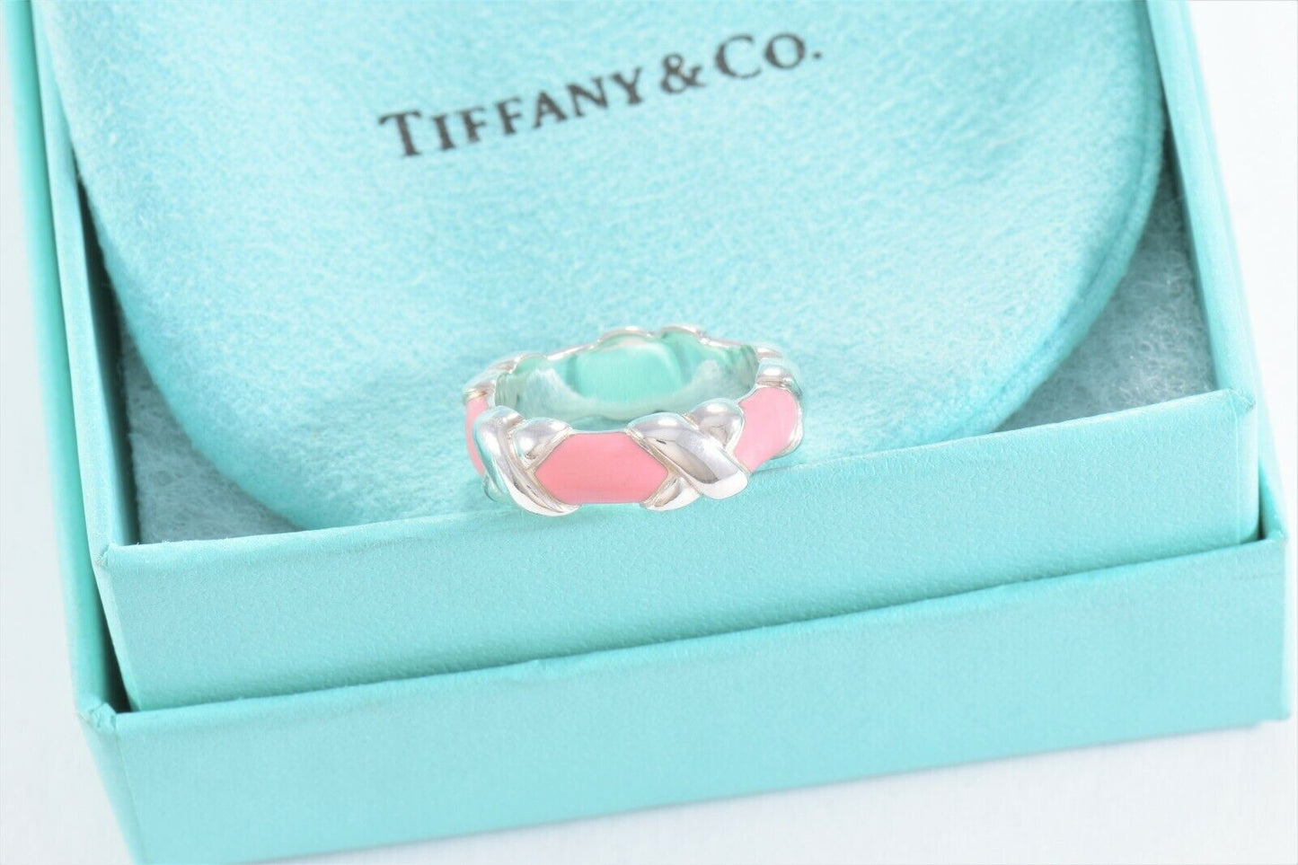 Tiffany & Co Silver Pink Enamel Signature X Stack Band Ring Size 9 in Pouch Rare