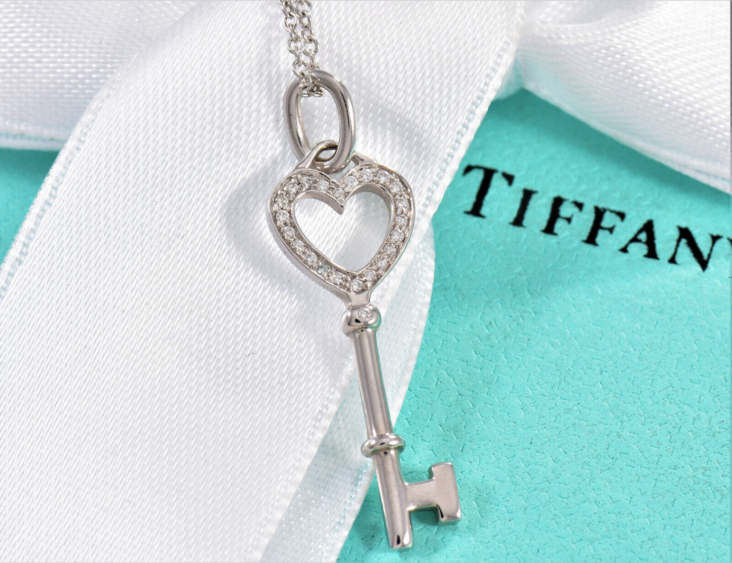 Tiffany & Co Diamond 18K White Gold Heart Key Pendant 18" Chain Necklace in Box