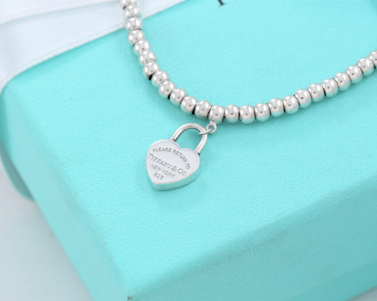 Please Return To Tiffany & Co Silver Heart Padlock Charm 7" Bead Bracelet Lock