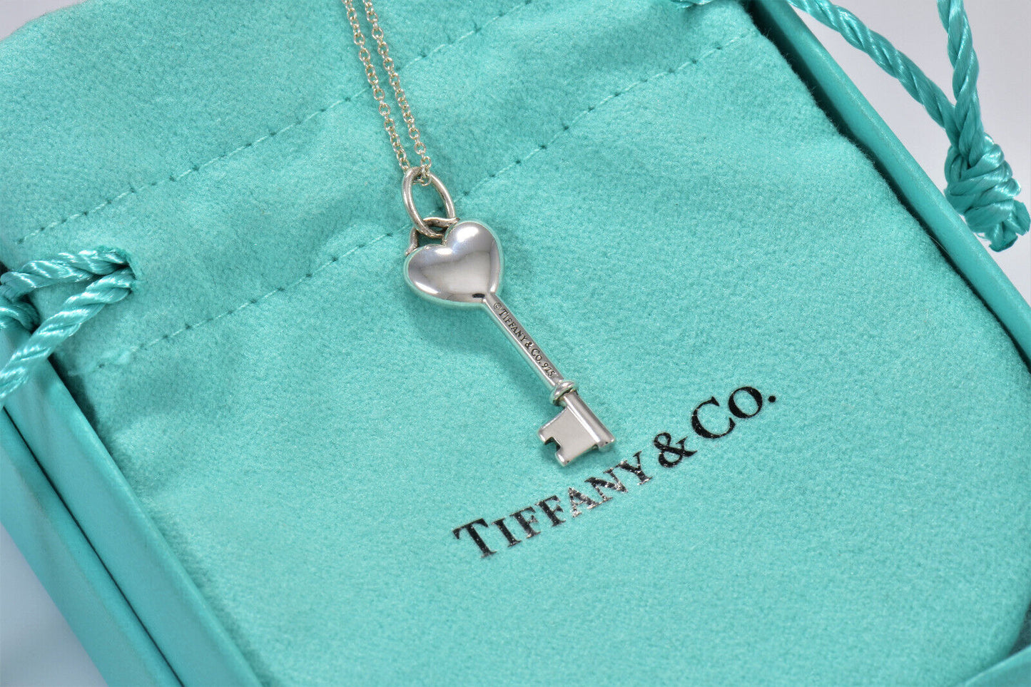 Tiffany & Co Diamond Silver Heart Key Pendant 18" Chain Necklace in Pouch Rare