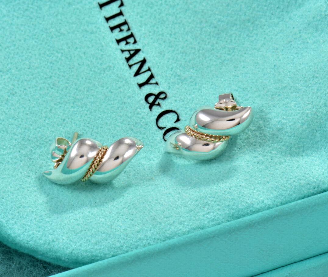 Vintage Tiffany & Co 14K Gold Silver Sea Shell Shrimp Braid Swirl Earrings Pouch