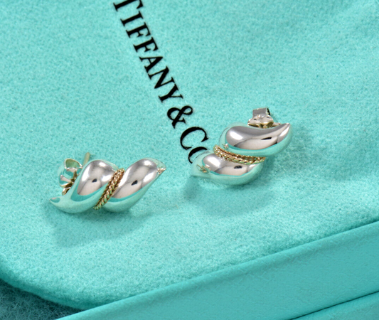 Vintage Tiffany & Co 14K Gold Silver Sea Shell Shrimp Braid Swirl Earrings Pouch