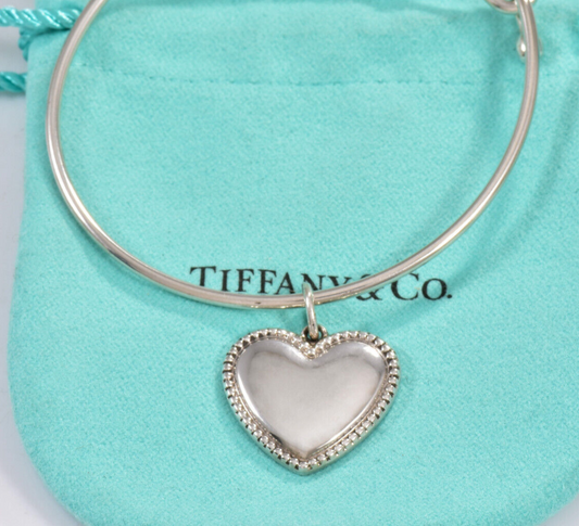 Tiffany & Co Silver Bead Heart Charm Bracelet 6.25" Wire Bangle in Pouch Rare