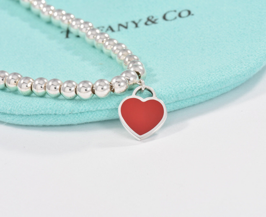 Please Return To Tiffany & Co Silver Red Enamel Heart Charm Bead Bracelet 7"