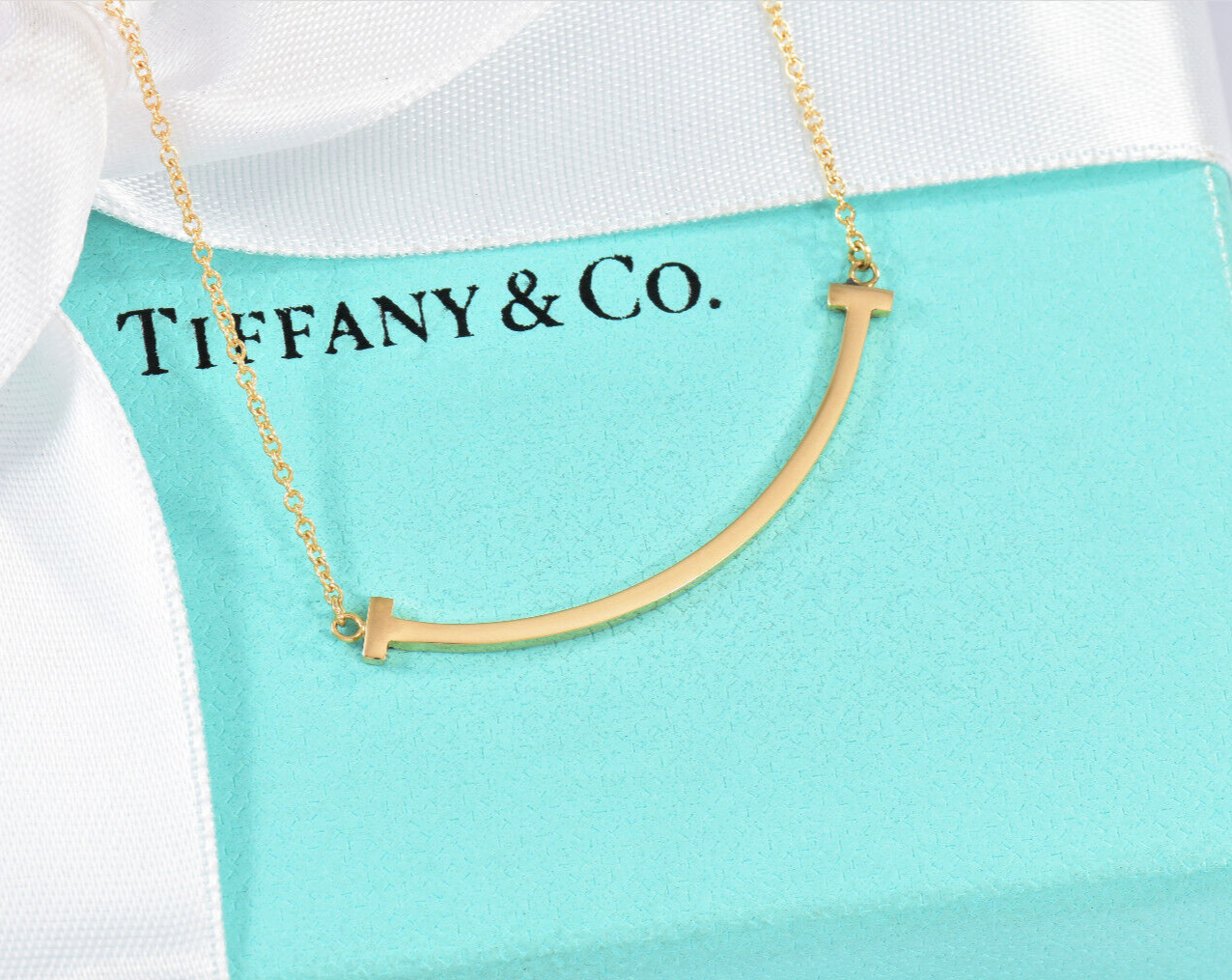 Tiffany & Co 18K Yellow Gold Small T Smile Pendant Necklace 16-18" in Box Pouch